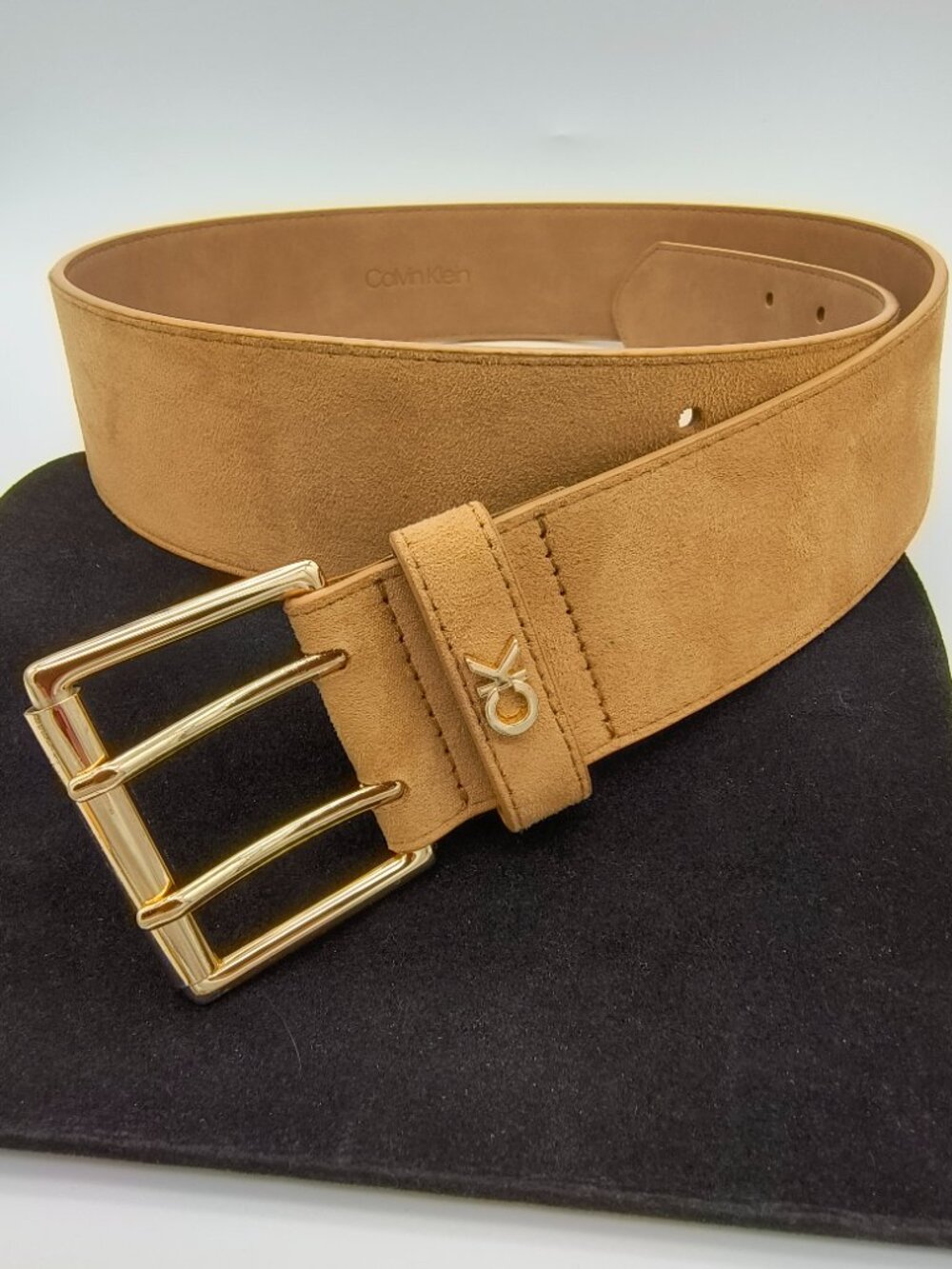 Calvin Klein Tan Suede Belt — Gold Double‑Prong Buckle